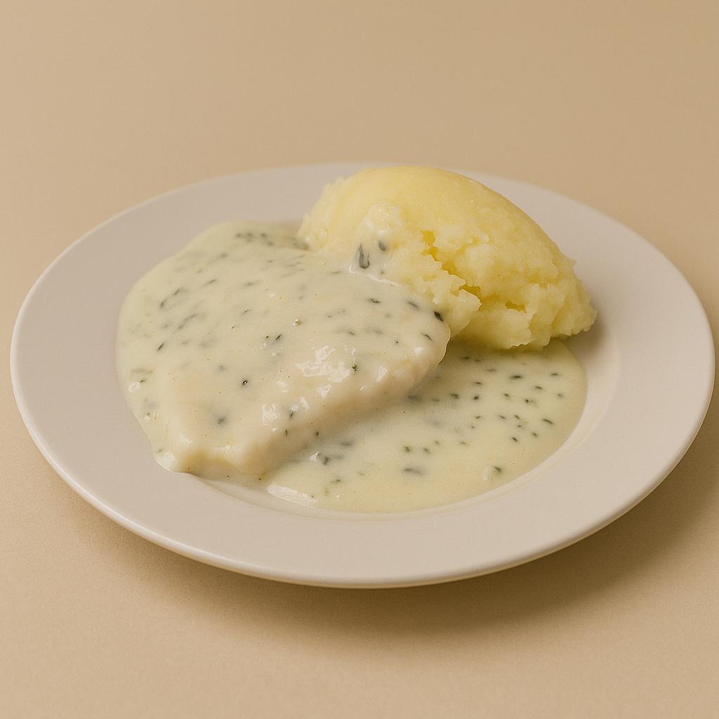 White Fish in Parsley Sauce and Mash Potatoes